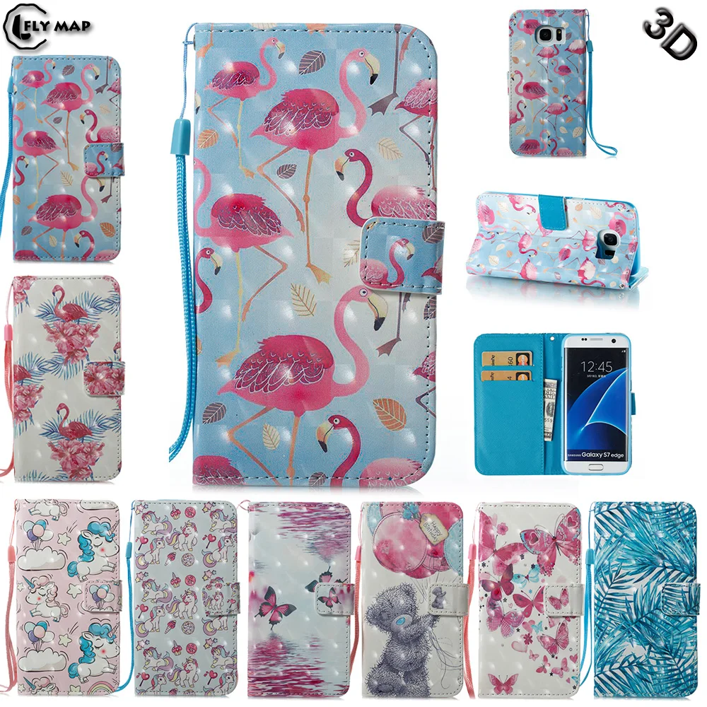 3D Case for Samsung Galaxy S7 Edge S7edge G935 G935F G935FD SM-G935 SM-G935F Flamingo unicorn Wallet Leather Cover Phone Case