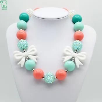 

White Bow Chunky Necklace Kids Candy Colored Bubblegum Beaded Necklace for Baby Girl Toddler Jewelry