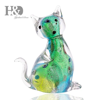 

H&D 3.9inch Handmade Glass Cat Ornament Animal Figurine Handblown Home Decor Decoration Figurines For Office Creative Craft