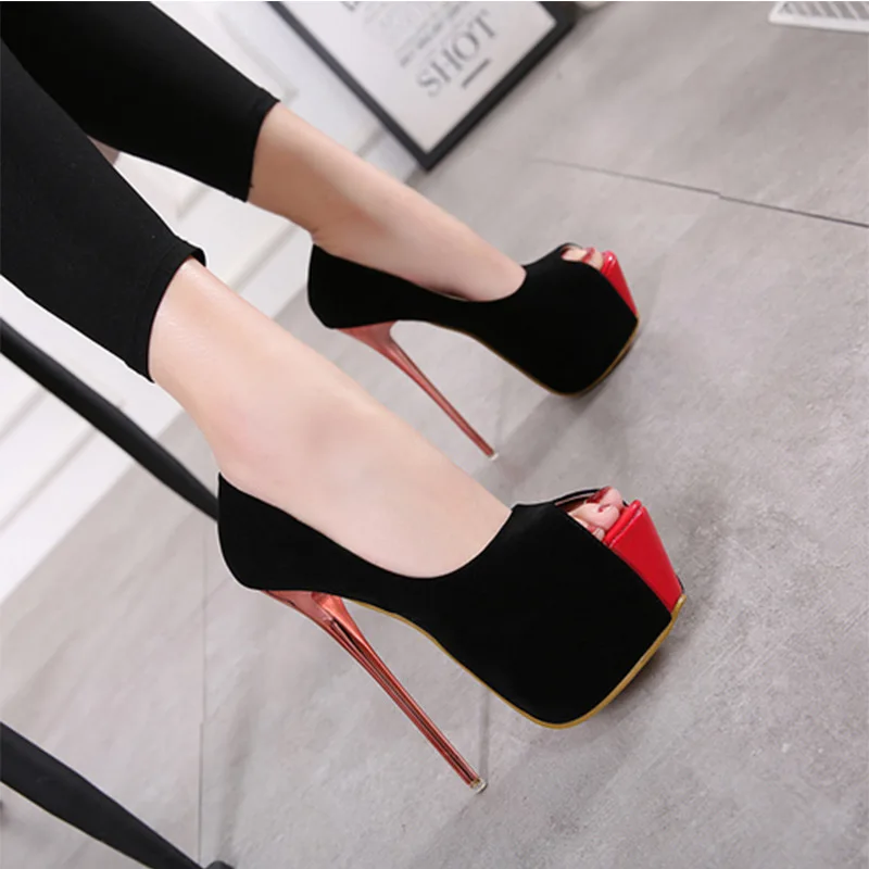 New Flock Women Pumps Sexy Platform Pumps 16Cm High Heels 16CM Stiletto Red Bottom Peep Toe Female Party Shoes sapato feminino