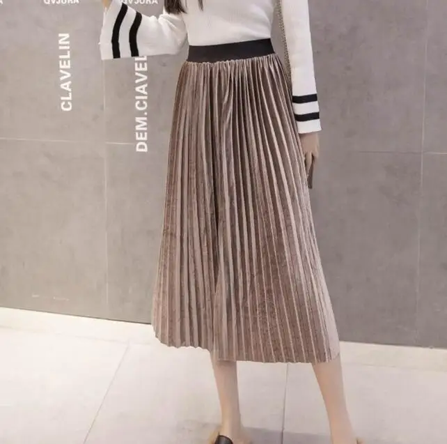 pleated midi skirt New 2019 Autumn Winter Elastic High Waist Skirt Solid Casual Pleated Skirts Womens Striped Jupe Femme Velvet Saias Midi Skirt cute skirts Skirts