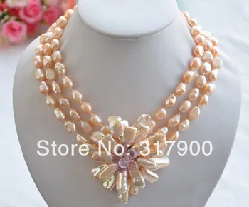 

3row 17" pink baroque pearl biwa crystal flower pendant necklace