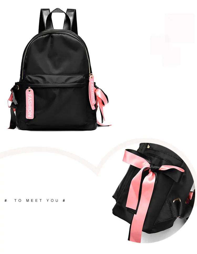 Новинка, весенний тканевый рюкзак с лентами для девочек-подростков, черный рюкзак с буквенным принтом, женский розовый рюкзак с клапаном, Одноцветный женский рюкзак