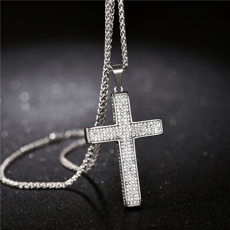 

Stainless Steel Cross Necklace with Clear Zircon Elements Crystals Pendant Women's Round Sterling Silver Genuine Cross Necklace