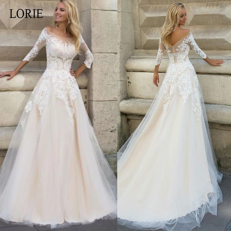 

LORIE champagne Wedding Dresses 2019 A-Line Applique Lace with Tulle Bridal Gown Scoop Backless vestido de novia custom size