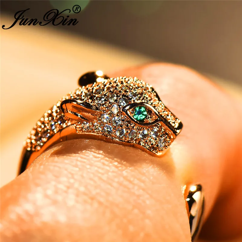 JUNXIN женские и мужские кольца с леопардовой головой для пары, 925 серебро, розовое золото, заполненное белым кристаллом, кольцо с зеленым камнем для мужчин и женщин