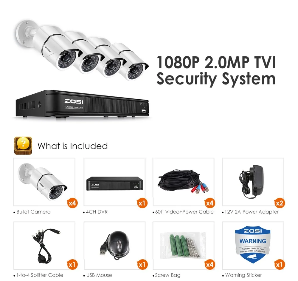 ZOSI 4CH AHD-TVI 1080P камера безопасности системы с(4) 2.0MP 1920TVL Крытый/Открытый всепогодный пуля камера s