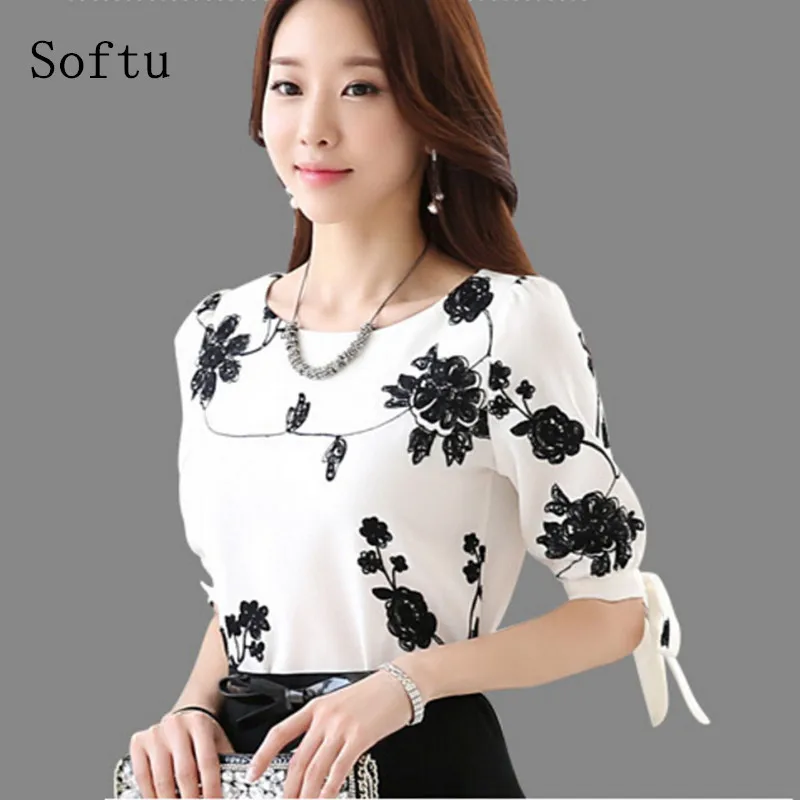 Softu Fashion Women's Blouse Summer Tops Chiffon Casual Women's Shirt O Neck Half Sleeve Floral Printing Female Blusas Clothing