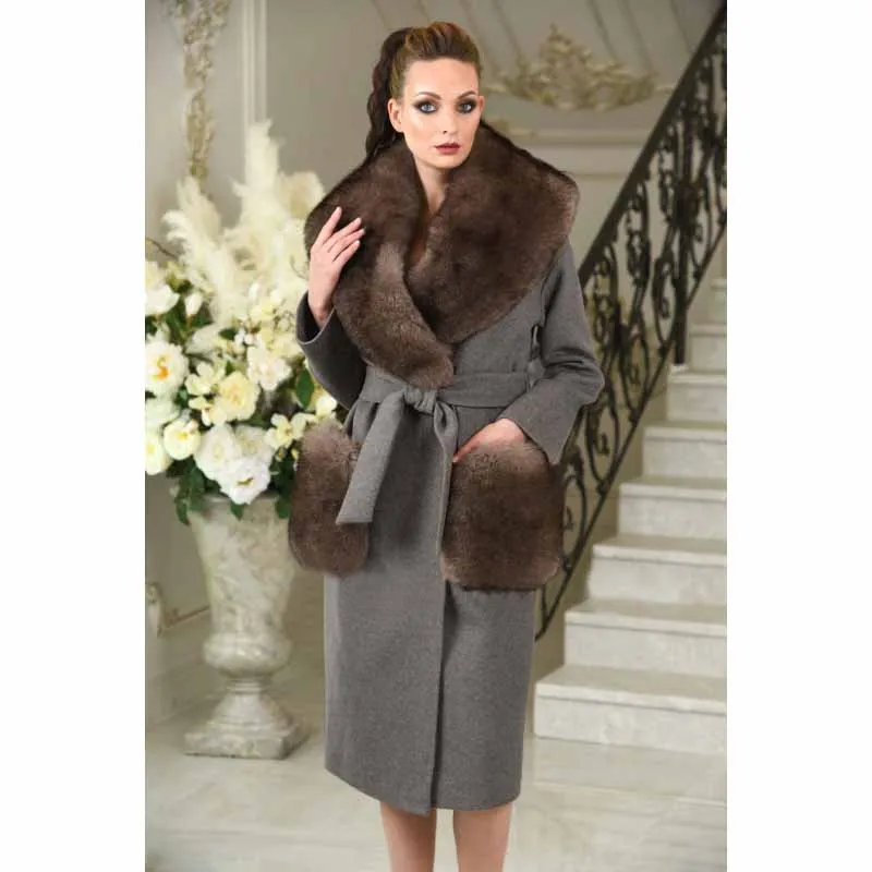 Весеннее, Осеннее, зимнее женское пальто с нагрудным поясом и карманами, шерстяное пальто с большим меховым воротником, длинный Тренч, верхняя одежда, шерстяное пальто для женщин - Цвет: grey