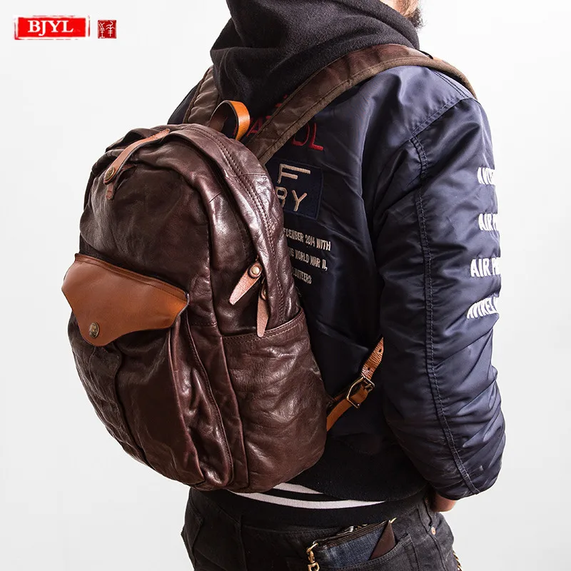 

New first layer vegetable tanned leather men's backpack male retro shoulder bag soft genuine leather vintage travel backpacks