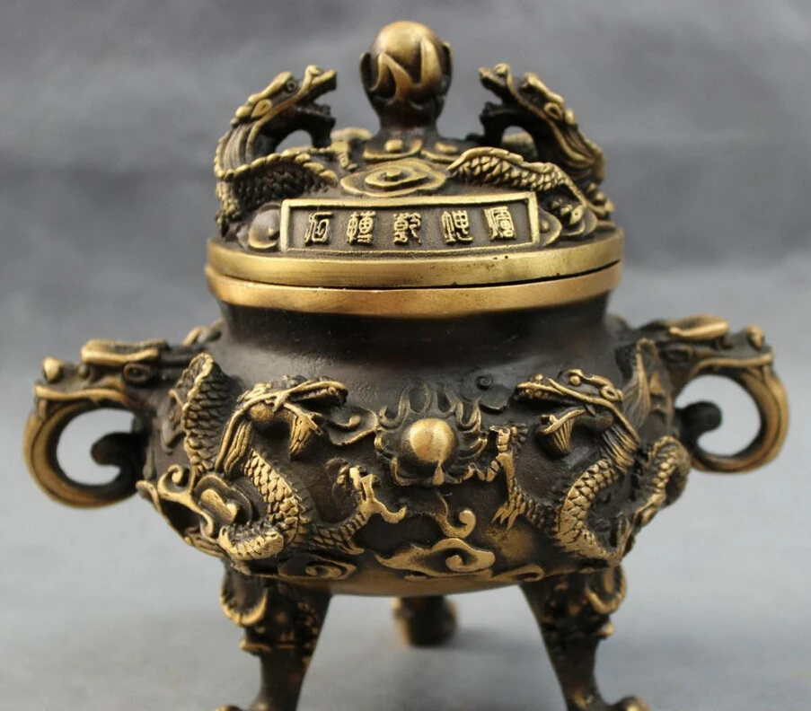

song voge gem S4397 Tibet Bronze Buddhism FengShui 2 Dragon Xi Ball Statue Incense Burner Censer