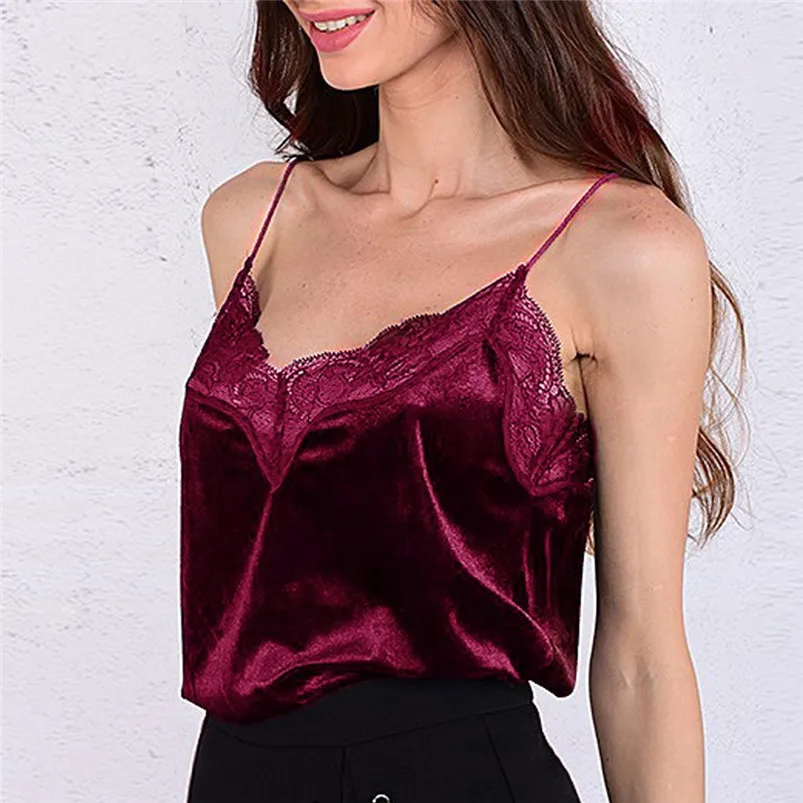 Fashion Womens V-neck Vest Sleeveless Lace Velvet Shirt Blouse Casual Tank Tops women 2019 roupa feminina camicette F12 (4)