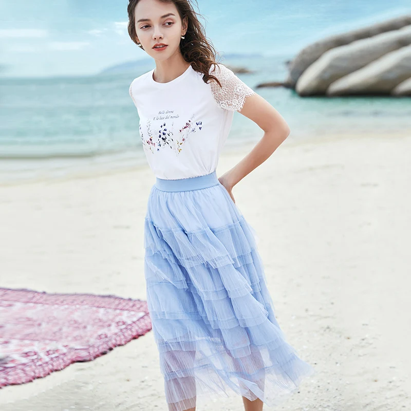 2019 Vintage Skirts Womens Elastic High Waist Tulle Pleated Women