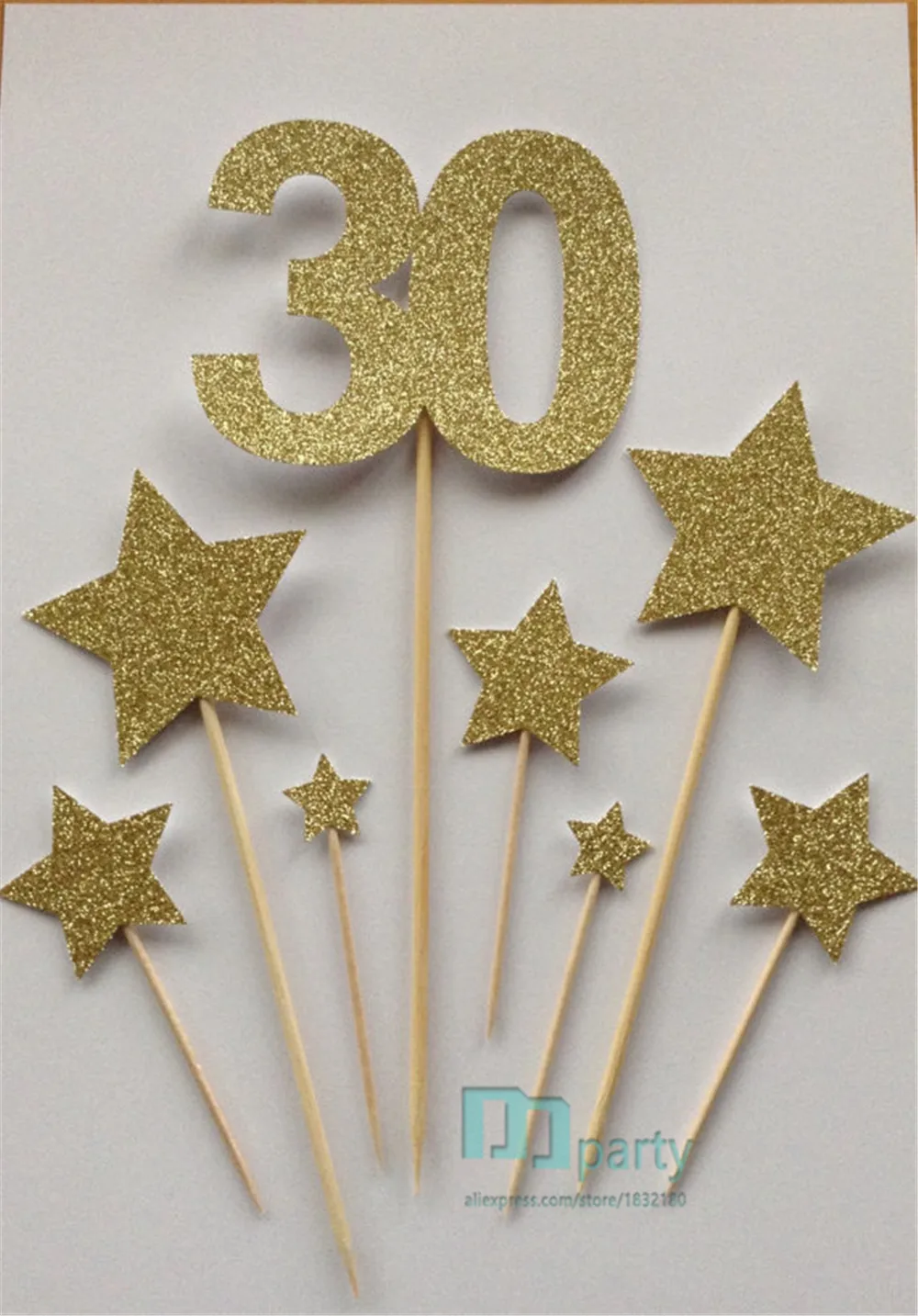 

8pcs Custom number Gold 30th star Birthday Cake Toppers, Gold Glitter 30 & Star Cake Toppers, Birthday Cake Toppers