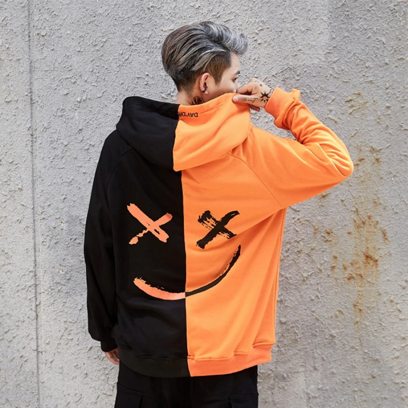 

Dropshipping US Size Hoodies Sweatshirts Men Women Color Block Patchwork Smile Print Hoodie Hip Hop Streetwear 2018 Men Clothing