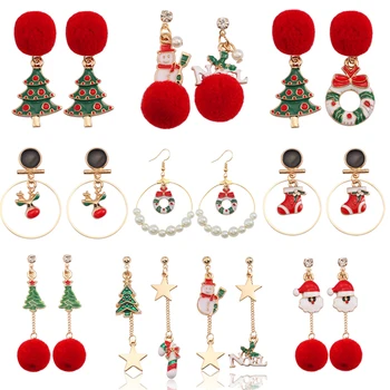 

Christmas Tree Wreath Crutch Gift Box Santa Claus Snowman Deer Earrings For Women Big Long Tassel Round Circles Earings Jewelry