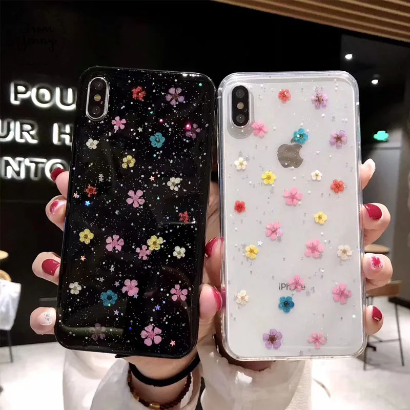 

Flashing night sky transparent back dried flower TPU shell, suitable for iPhone 66S Plus 7 8PLus X S XR XS Max