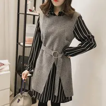 2018 Women Dress Suit Casual Office Sets Spring Autumn Hot Sale Version Of The New Striped Shirt Wool Vest Dress Split Two Dress
