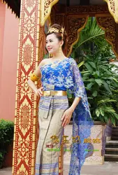 Юго-Восточной Азии Таиланд Лаоса синий носить смягчена одежда традиционный Женский темно-синий мантильи рукавов одно плечо одежда