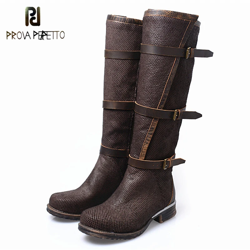 

Prova Perfetto British Style Elegant Cow Genuine Leather Patchwork Buckle Strap Woman Boots Round Toe Low Heel Knee High Boots