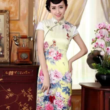 Шанхай история Топ-класс cheongsam искусственного шелка китайское традиционное платье Пион Платье-Чонсам с принтом