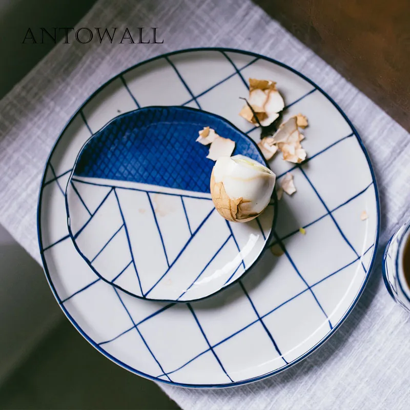 

ANTOWALL Japanese ceramic tableware dish home blue lattice western steak pasta plate restaurant dumpling dish