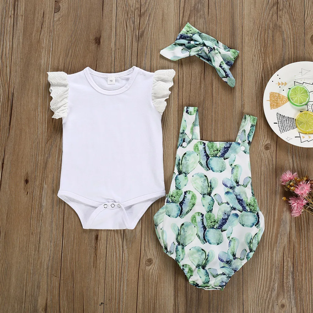 Baby Girl clothes Sleeveless Romper Cactus Print+Suspenders Jumpsuit+Headband 3pcs Set Toddler Infant Kids Summer Outfits