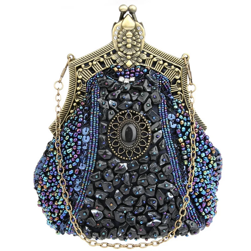 

2019 New Sale Woman Vintage Heavy Beaded Banquet Bag Wedding Party Purse Handbag Chain Shoulder Bags Luxury Bead Decoration Bags