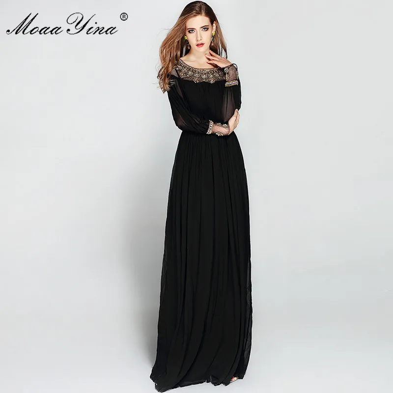 MoaaYina, винтажное, элегантное, черное платье, женское, длинный рукав, о-образный вырез, роскошная вуаль, бисер, длина до пола, платья для вечеринок, Осеннее длинное платье