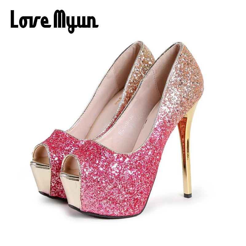 Woman Wedding Party Shoes 14cm Ladies Thin Heels Pumps Platform Sexy open Toe Bling Bling Gradation super High Heels Shoes VV-06