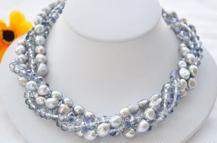 

06476 4strands gray baroque PEARL faceted crystal bead NECKLACE