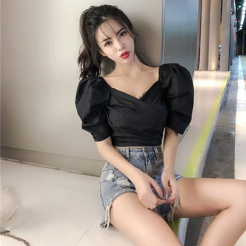 

Fashion 2019 Sexy Off Shoulder Puff Sleeve Crop Tops Summer Women White Tops And Blouses Casual Korean V Neck Shirt