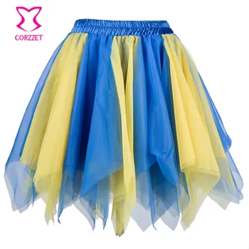 

Blue Yellow Layered Asymmetrical Mesh Women Mini Skirt Tulle Halloween Costume Petticoat Sexy Ruffle Skirts Womens rokken jupe