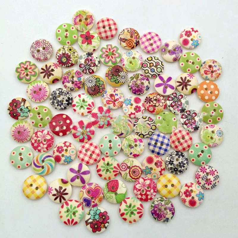 Mayitr 100pcs Cartoon Flower & Checked Button Wooden Buttons Sewing Craft DecorationButtons DIY Craft Supplies