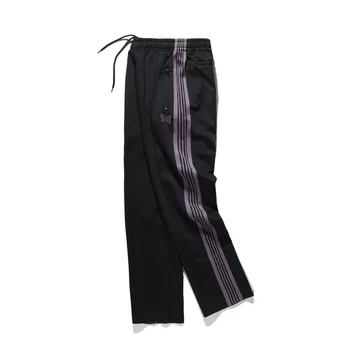 

Butterfly Embroidery Loose Fit Sweatpants Japanese Designer Purple Stripe Track Pants Ankle-length Hip hop Streetwear