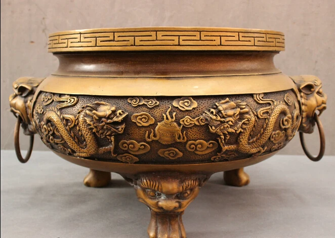 

wholesale factory Tibet Temple Copper Bronze Dragon Lion Head Statue 3 Feet Incense Burner Censer