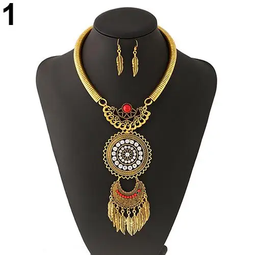 

Women's Bohemian Leaf Tassels Rhinestone Pendant Necklace Drop Earrings Jewelry african necklace