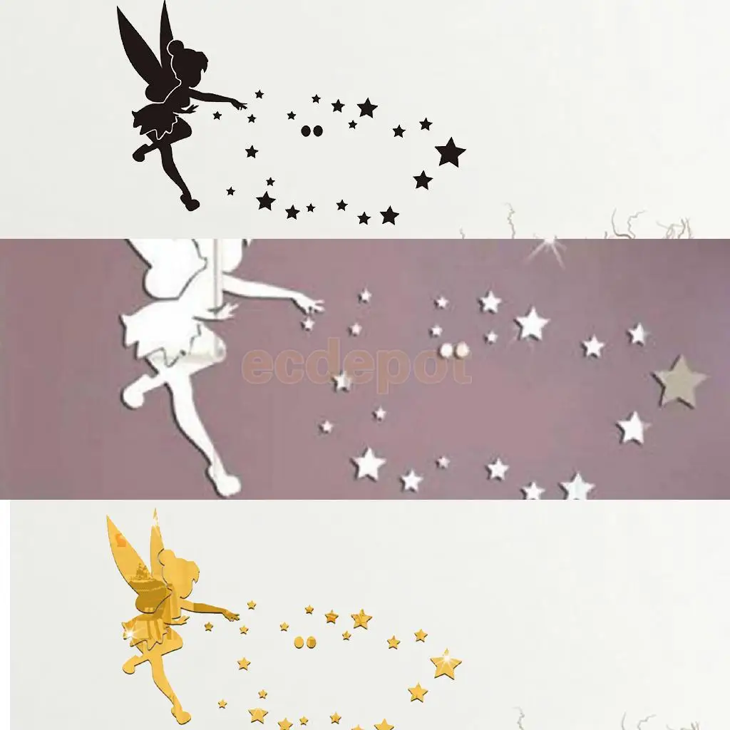28Pieces 3D Plastic Fairy And Stars Pattern Wall Stickers DIY Decals Wall Mural Art Decor Black/Gold/Silver	