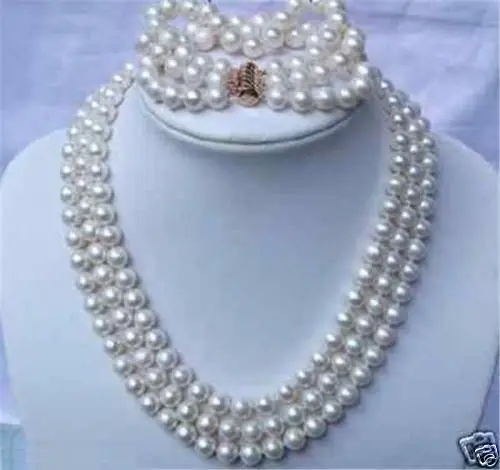 

hot sell new - shitou 00536 3 row natural 8-9mm Australian south sea white pearl necklace bracelet