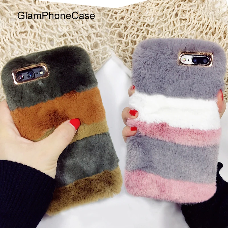 

GlamPhoneCase 2017 Winter Rabbit Fur Phone Bag For iPhone 6 7 8 6s Plus X Soft TPU Fluffy Fundas Stripe Fur Case