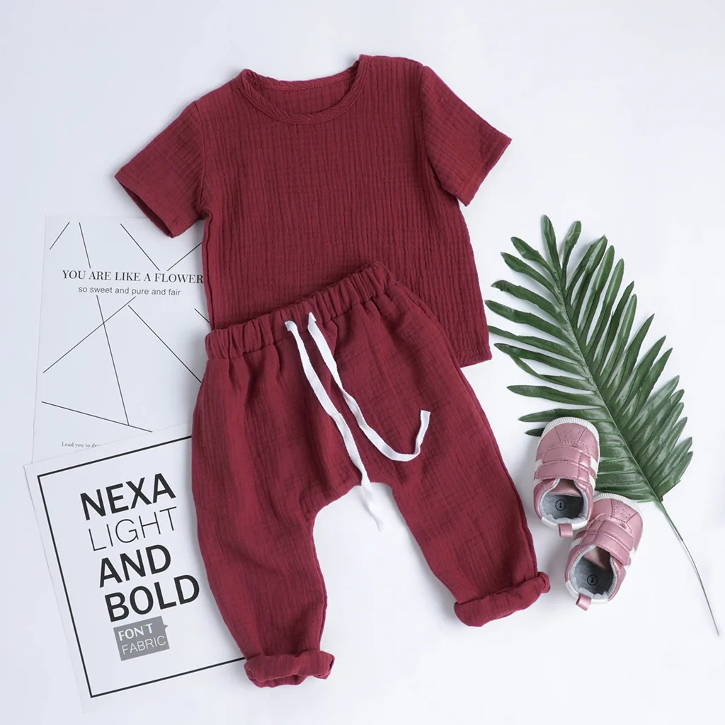 Комплекты для маленьких мальчиков; летние хлопковые шорты для новорожденных; Футболка с рукавами+ штаны; хлопковые льняные пижамы для маленьких девочек; комплекты одежды