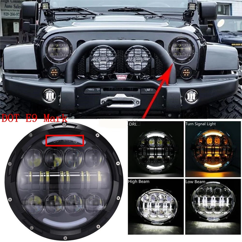 2X 7 Inch Round LED Headlight Hi Lo Beam With DRL Amber Turn Signal Halo For
