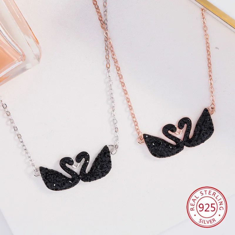 

S925 Sterling Silver Pendant Necklace Personality Fashion Wild Double Swan Shape Sweater Chain Birthday Gift 2019 New Hot