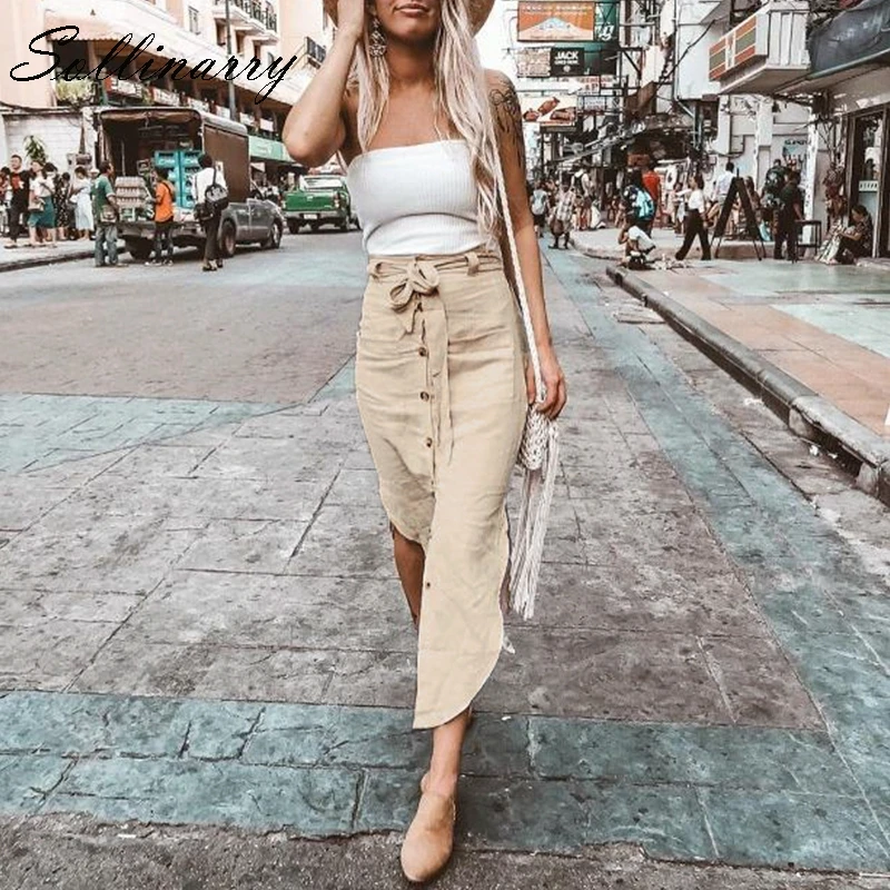 

Sollinarry Clearance High Waist Linen Midi Skirts Women Beach Bow Belt Tie Skirt Solid Button Pocket Skirt Mujer