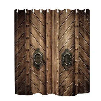 

Polyester Shower Curtain Fabric Rustic Farmhouse Wooden Door Style 3D curtain on the door