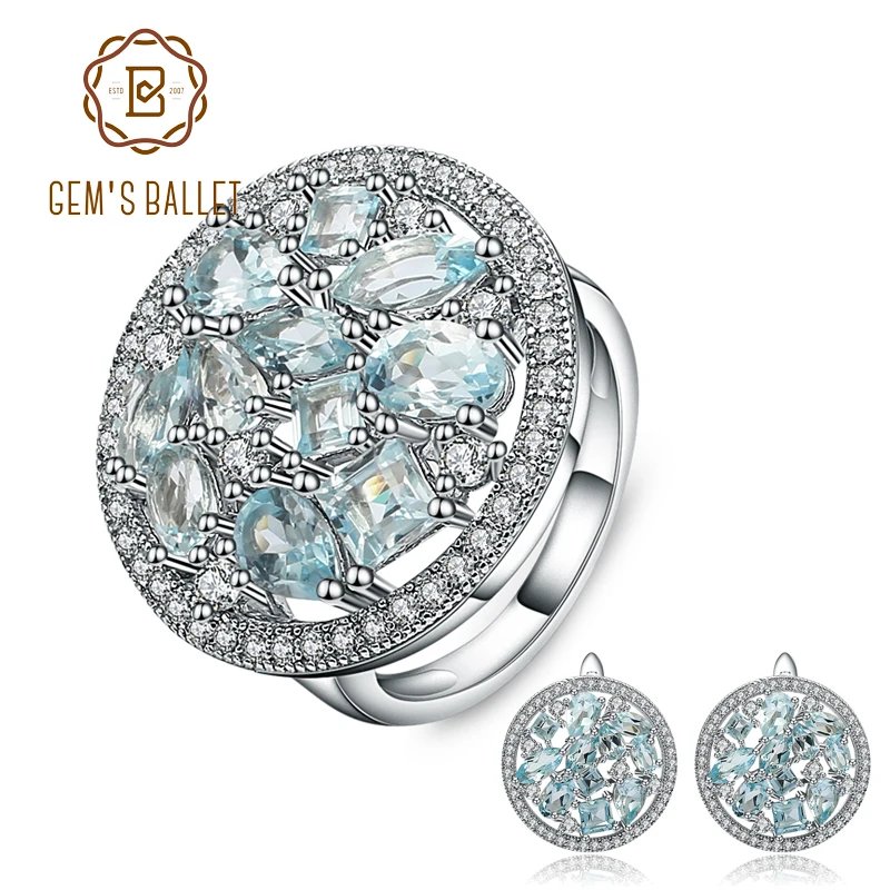 

GEM'S BALLET 12.06ct Noble Natural Sky Blue Topaz Gemstone Round Jewelry Sets 925 Sterling Silver Earrings Ring Set For Women