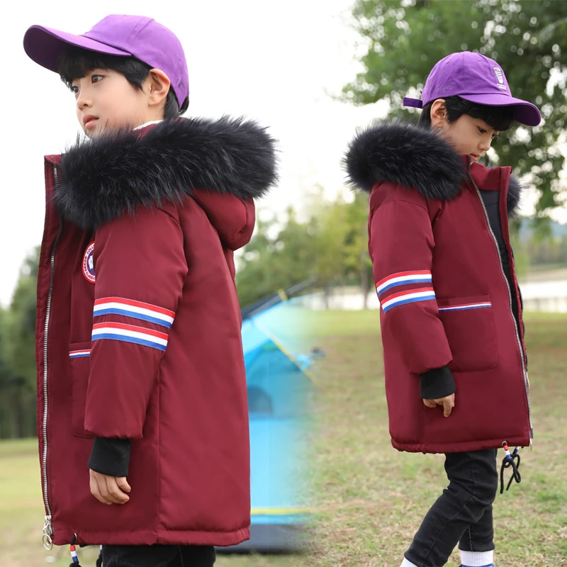 

Jacket Long Detachable cap White Duck Down Long Red Ginger Wine Collars Polyester Fiber Jacket for Boys Kids