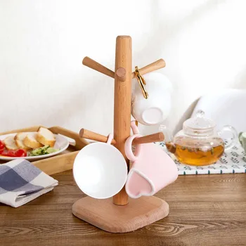

32CM 6 Hooks Wood Cup Holder Rack Kitchen Storage Drain Rack Wine Glass Holder Coffee Mug Storage Rack Drainer Shelf Organizer