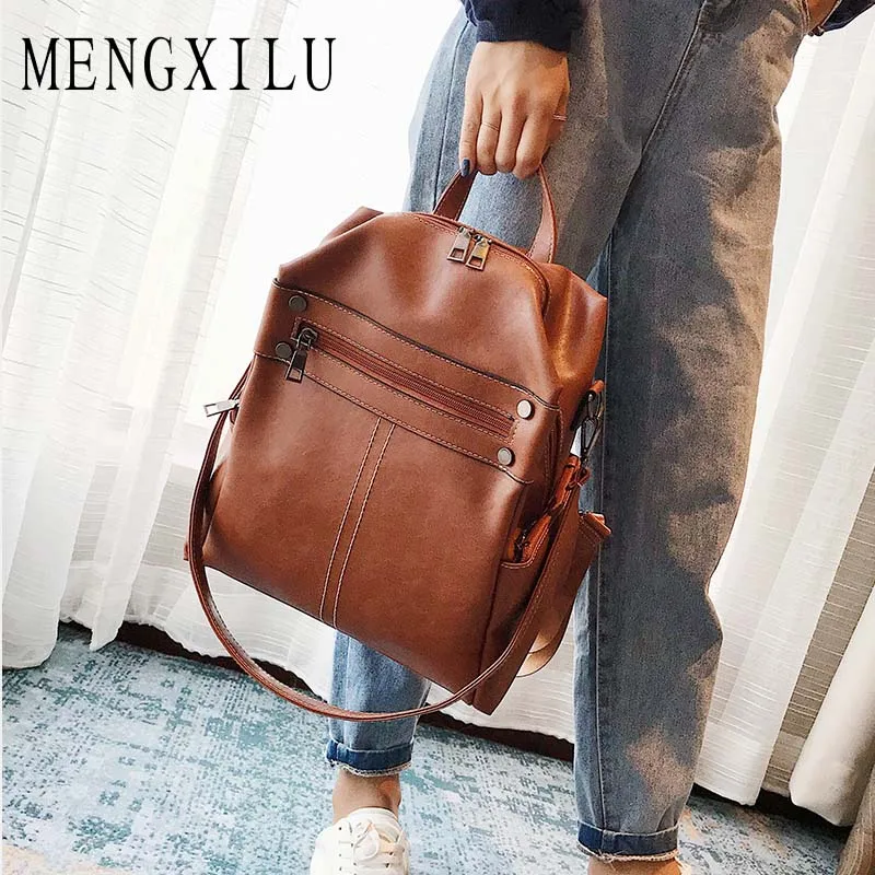 

2018 Women Leather Backpacks High Quality Vintage Backpack Preppy Style Large Capacity Backpack Solid School Bags For Girls New