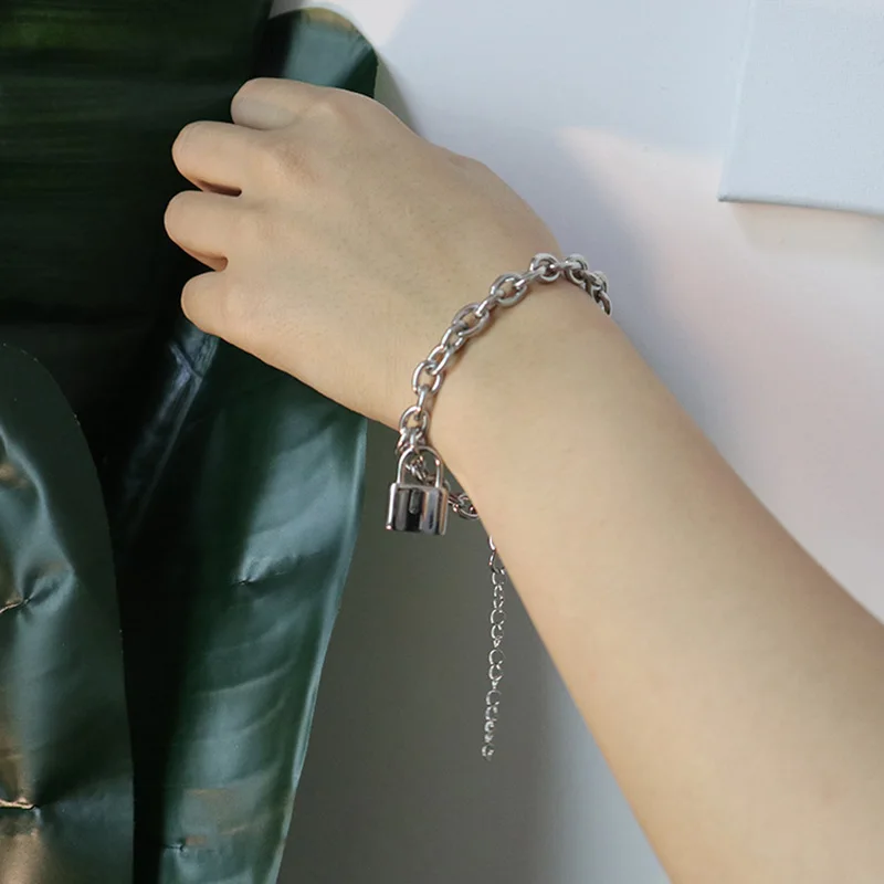 Хип-хоп, Женские Ювелирные изделия, Серебряный цветной висячий замок, подвеска, браслеты, абсолютно новые, нержавеющая сталь, Rolo, кабельная цепь, браслеты, подарки дружбы